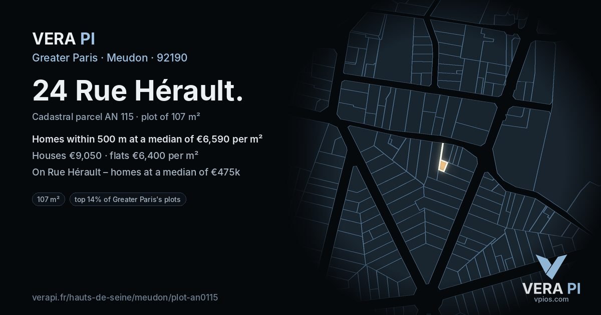 24 Rue Hérault, Meudon at night – the plot lit, the parcels around coloured by the prices near them