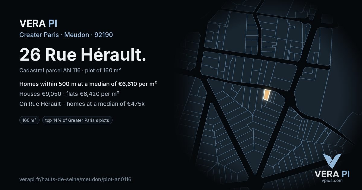 26 Rue Hérault, Meudon at night – the plot lit, the parcels around coloured by the prices near them