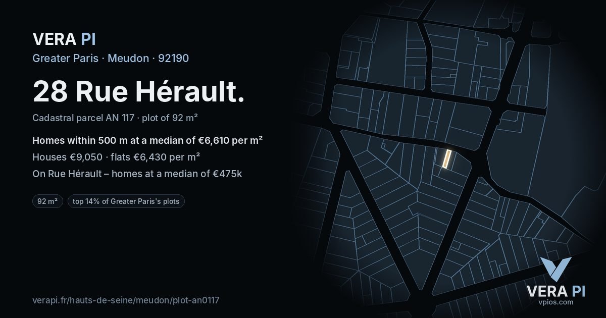 28 Rue Hérault, Meudon at night – the plot lit, the parcels around coloured by the prices near them