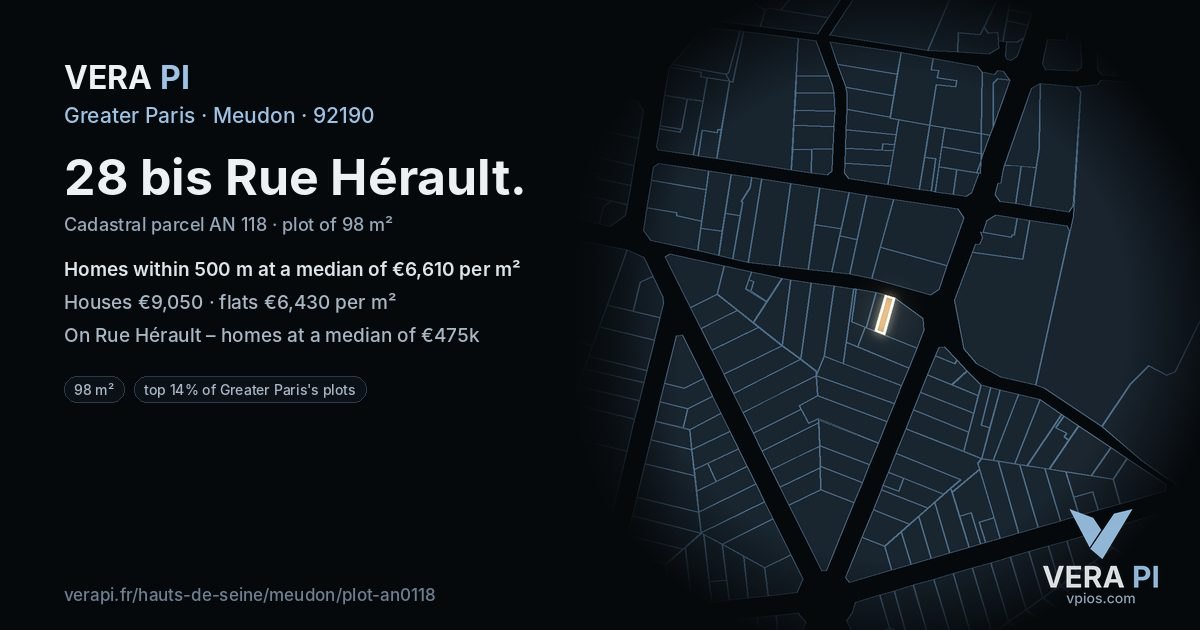 28 bis Rue Hérault, Meudon at night – the plot lit, the parcels around coloured by the prices near them
