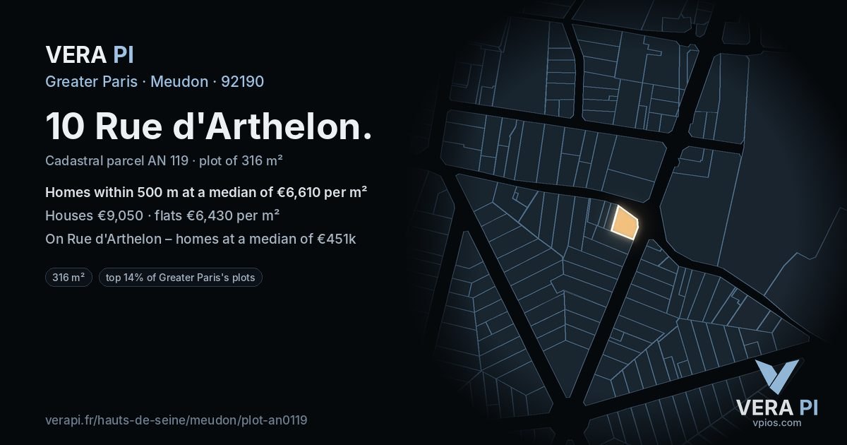 10 Rue d'Arthelon, Meudon at night – the plot lit, the parcels around coloured by the prices near them
