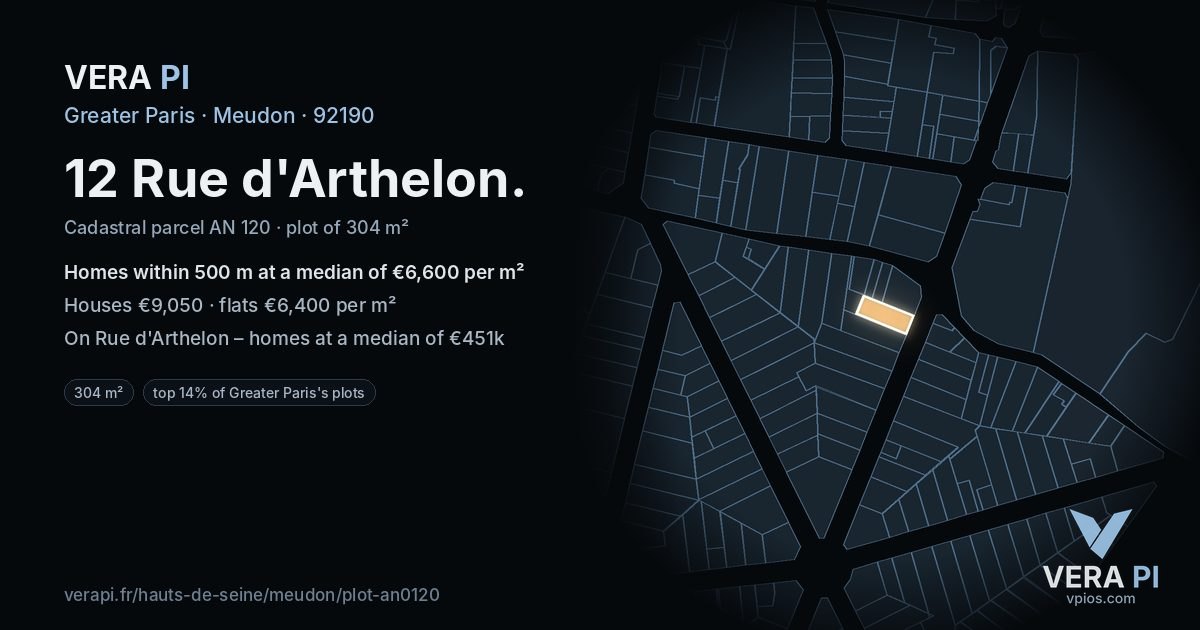 12 Rue d'Arthelon, Meudon at night – the plot lit, the parcels around coloured by the prices near them
