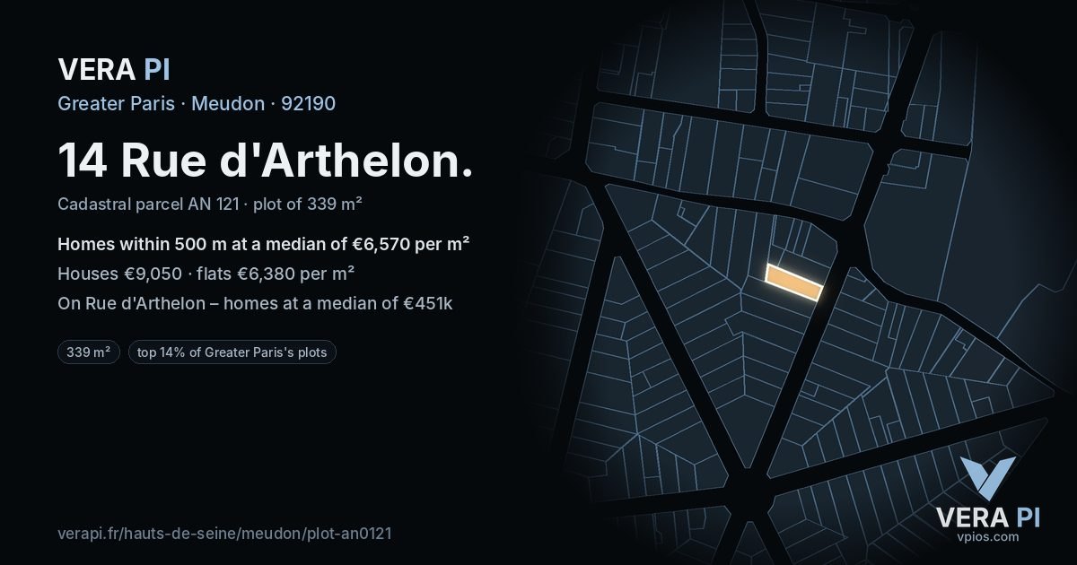 14 Rue d'Arthelon, Meudon at night – the plot lit, the parcels around coloured by the prices near them