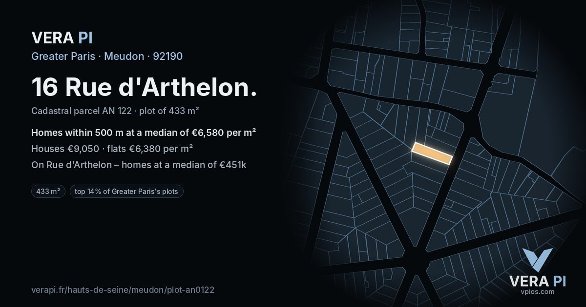 16 Rue d'Arthelon, Meudon at night – the plot lit, the parcels around coloured by the prices near them