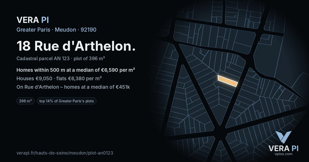 18 Rue d'Arthelon, Meudon at night – the plot lit, the parcels around coloured by the prices near them