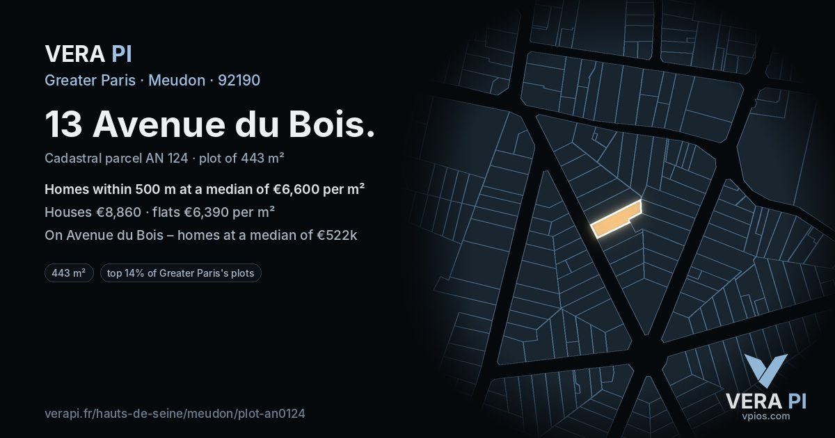 13 Avenue du Bois, Meudon at night – the plot lit, the parcels around coloured by the prices near them