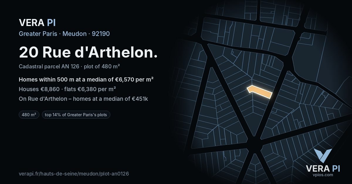 20 Rue d'Arthelon, Meudon at night – the plot lit, the parcels around coloured by the prices near them