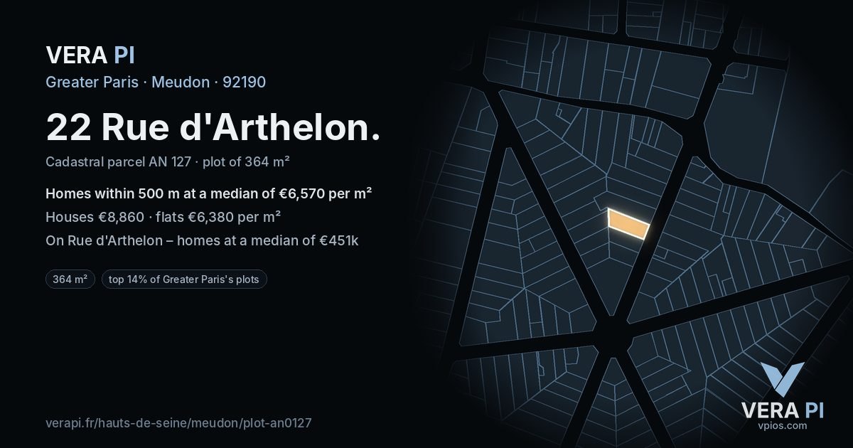 22 Rue d'Arthelon, Meudon at night – the plot lit, the parcels around coloured by the prices near them