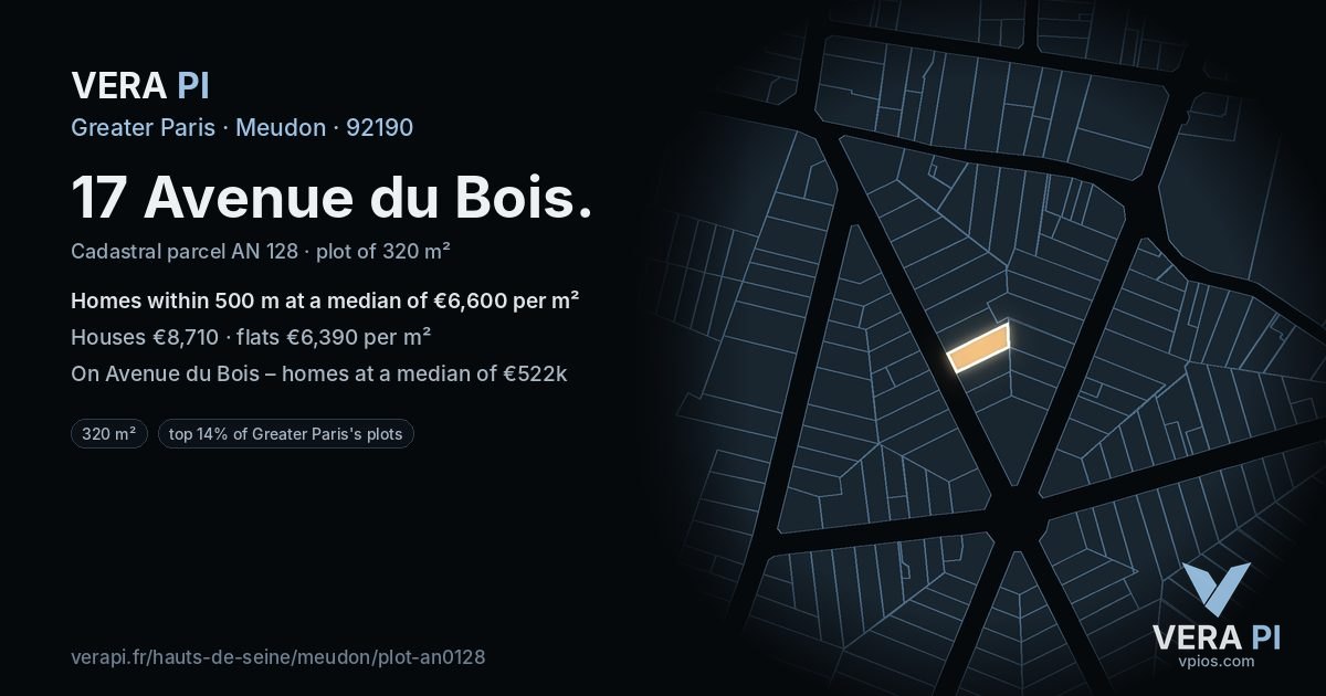 17 Avenue du Bois, Meudon at night – the plot lit, the parcels around coloured by the prices near them