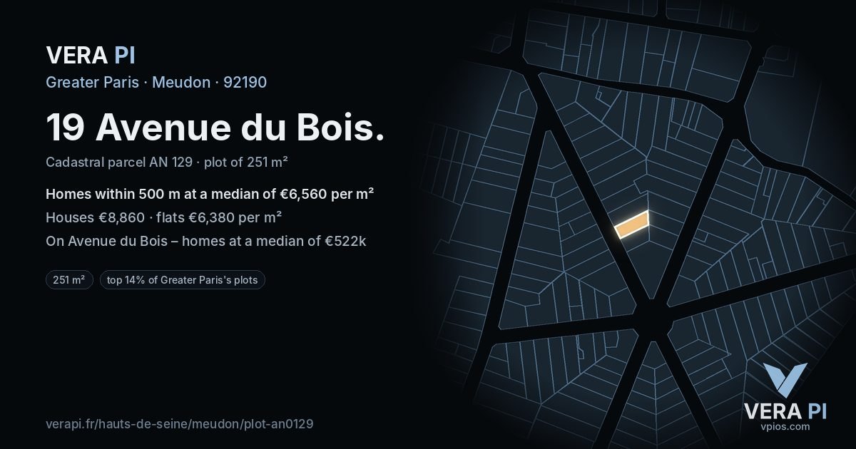 19 Avenue du Bois, Meudon at night – the plot lit, the parcels around coloured by the prices near them