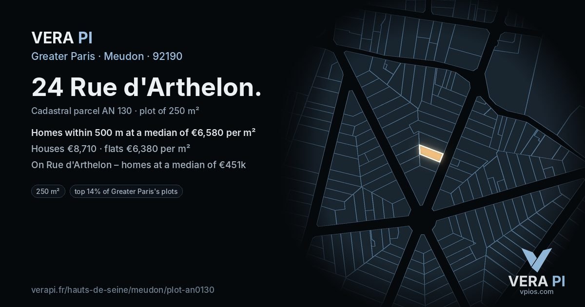 24 Rue d'Arthelon, Meudon at night – the plot lit, the parcels around coloured by the prices near them