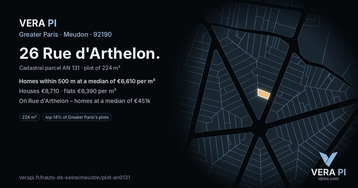 26 Rue d'Arthelon, Meudon at night – the plot lit, the parcels around coloured by the prices near them