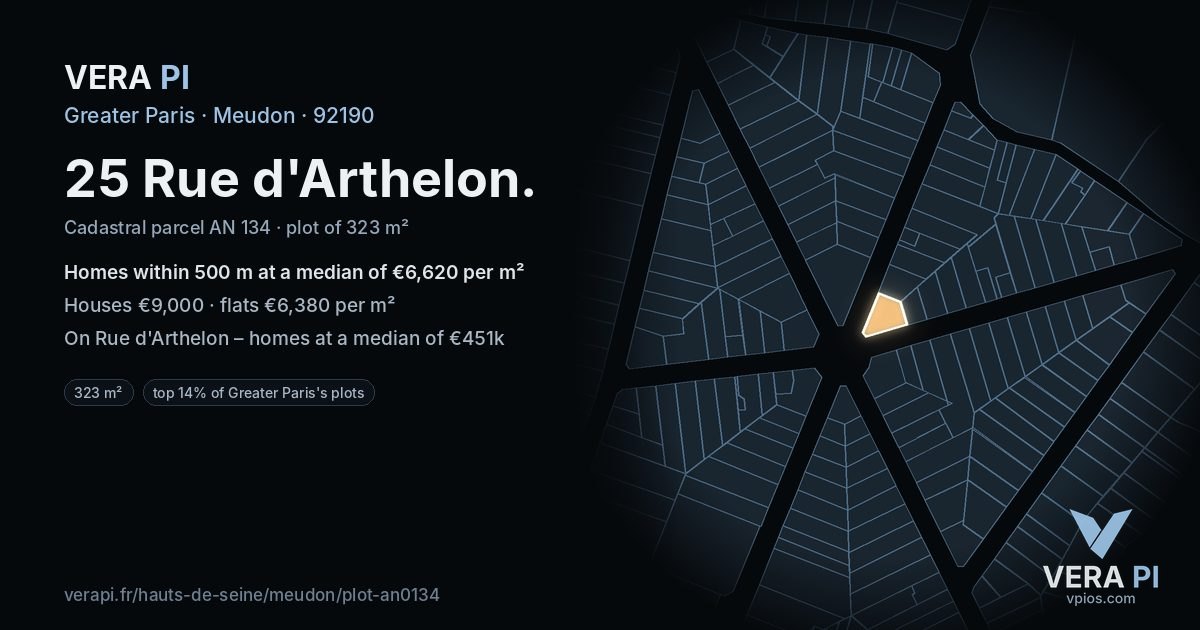 25 Rue d'Arthelon, Meudon at night – the plot lit, the parcels around coloured by the prices near them