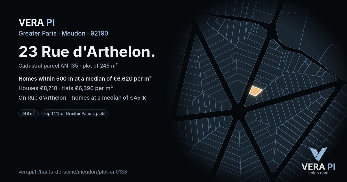 23 Rue d'Arthelon, Meudon at night – the plot lit, the parcels around coloured by the prices near them