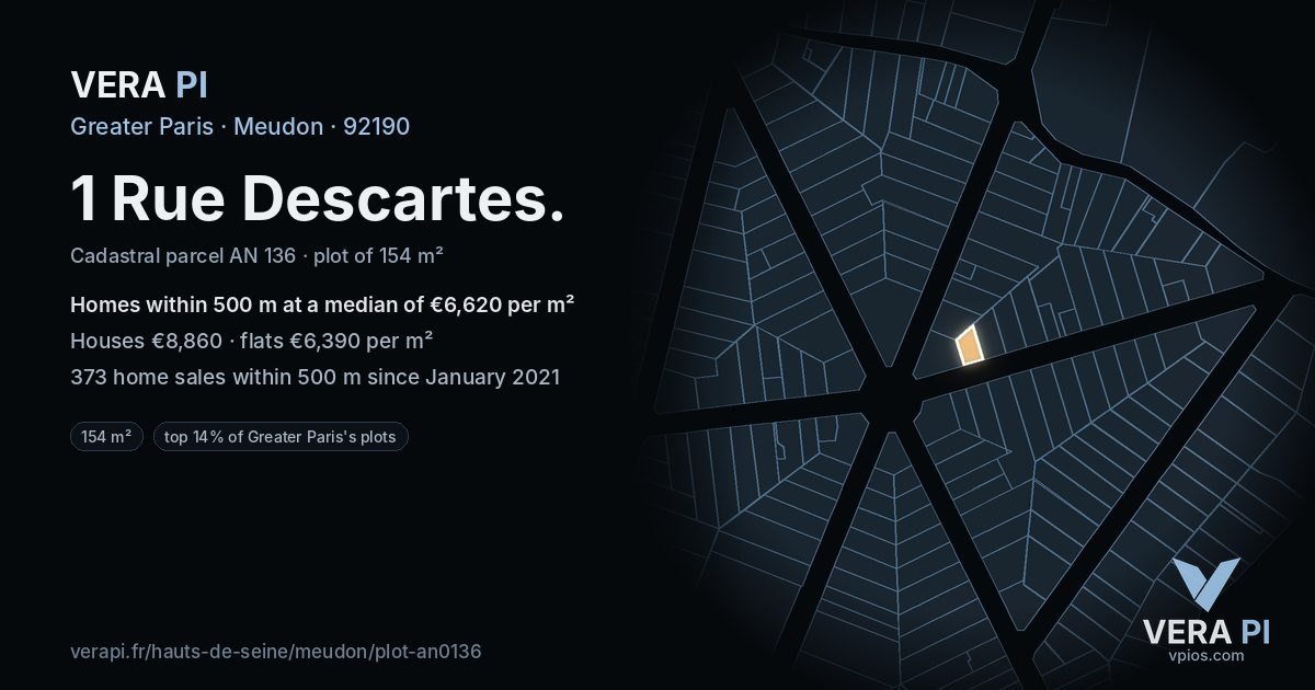 1 Rue Descartes, Meudon at night – the plot lit, the parcels around coloured by the prices near them