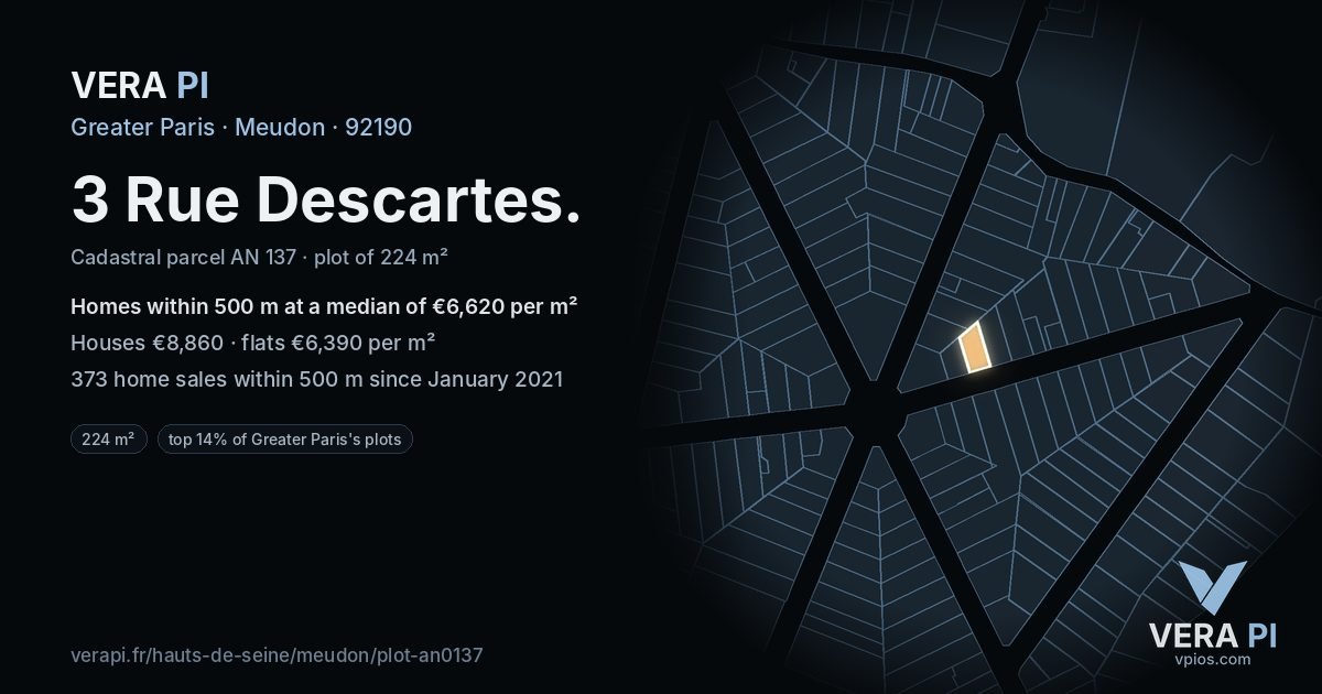 3 Rue Descartes, Meudon at night – the plot lit, the parcels around coloured by the prices near them