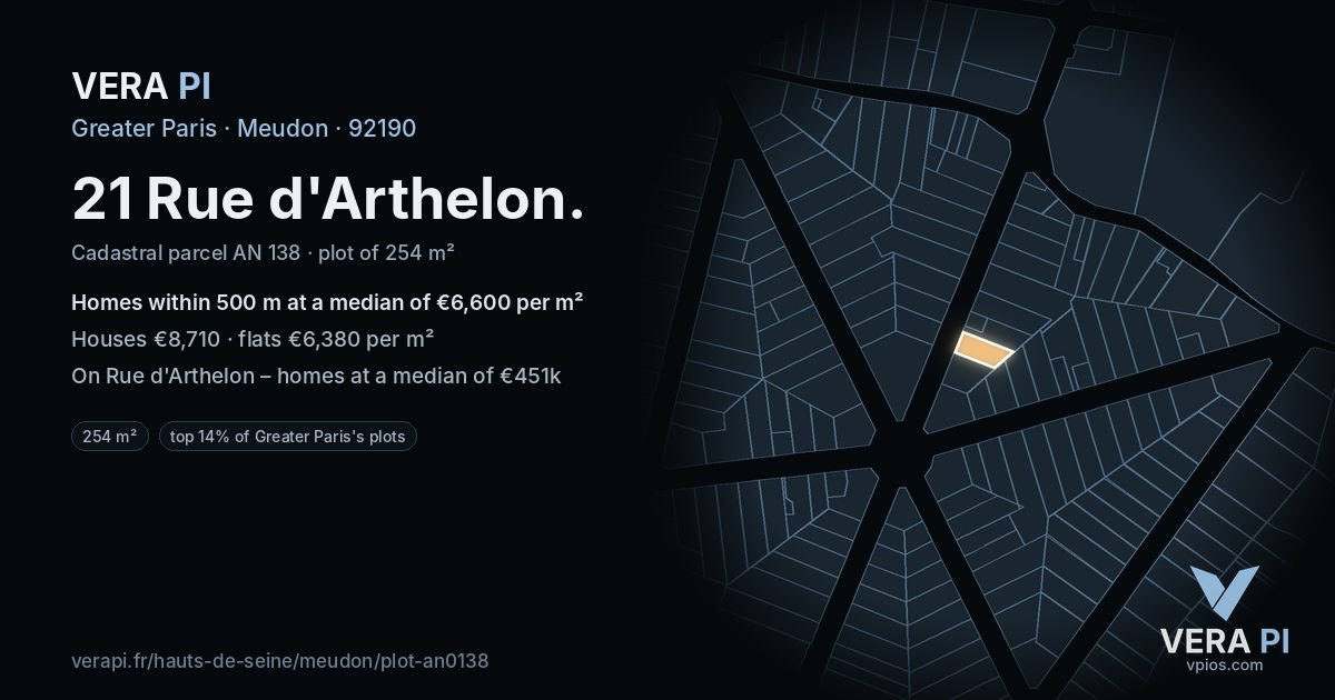 21 Rue d'Arthelon, Meudon at night – the plot lit, the parcels around coloured by the prices near them