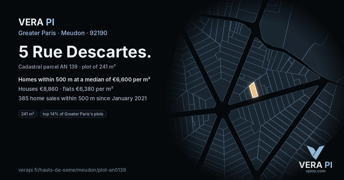 5 Rue Descartes, Meudon at night – the plot lit, the parcels around coloured by the prices near them