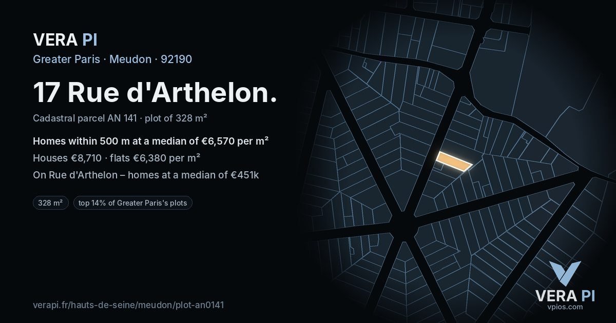 17 Rue d'Arthelon, Meudon at night – the plot lit, the parcels around coloured by the prices near them