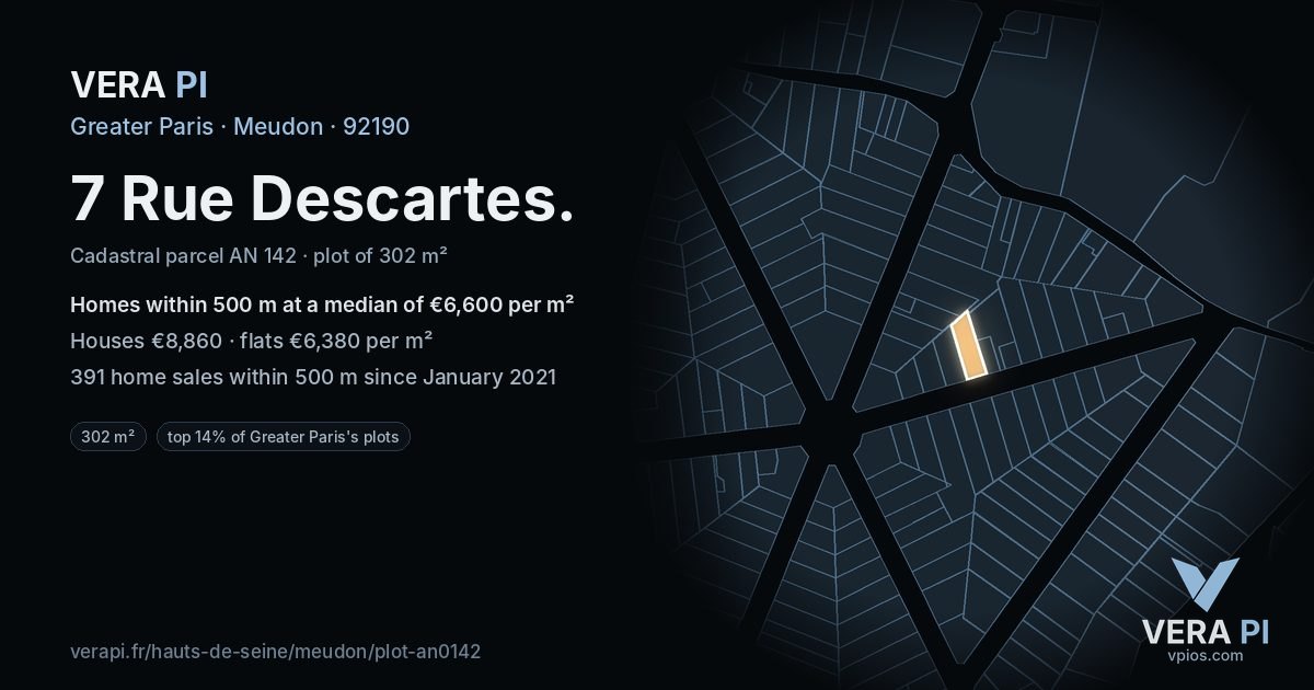 7 Rue Descartes, Meudon at night – the plot lit, the parcels around coloured by the prices near them