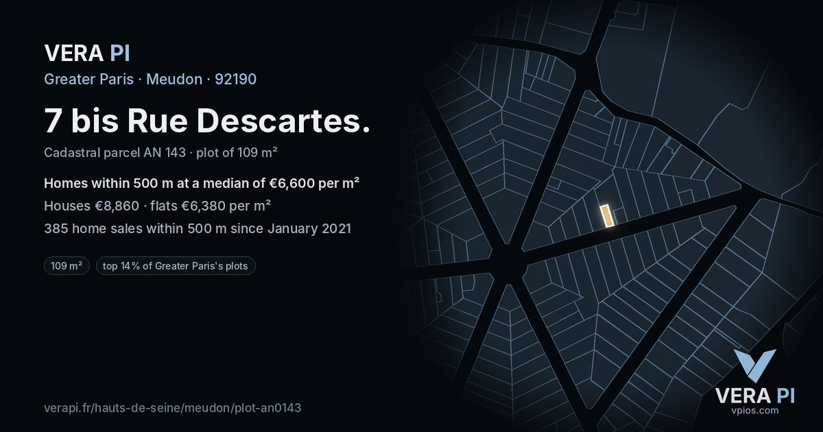 7 bis Rue Descartes, Meudon at night – the plot lit, the parcels around coloured by the prices near them