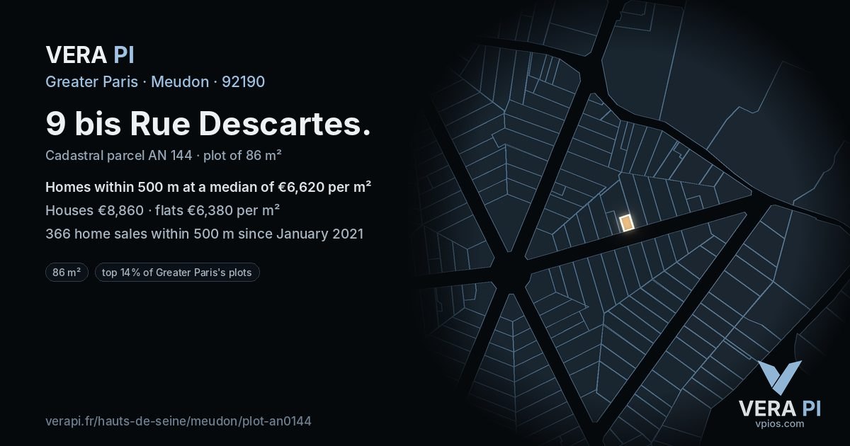 9 bis Rue Descartes, Meudon at night – the plot lit, the parcels around coloured by the prices near them