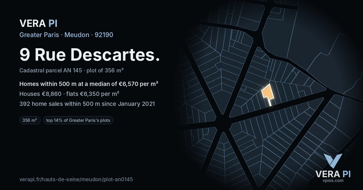 9 Rue Descartes, Meudon at night – the plot lit, the parcels around coloured by the prices near them
