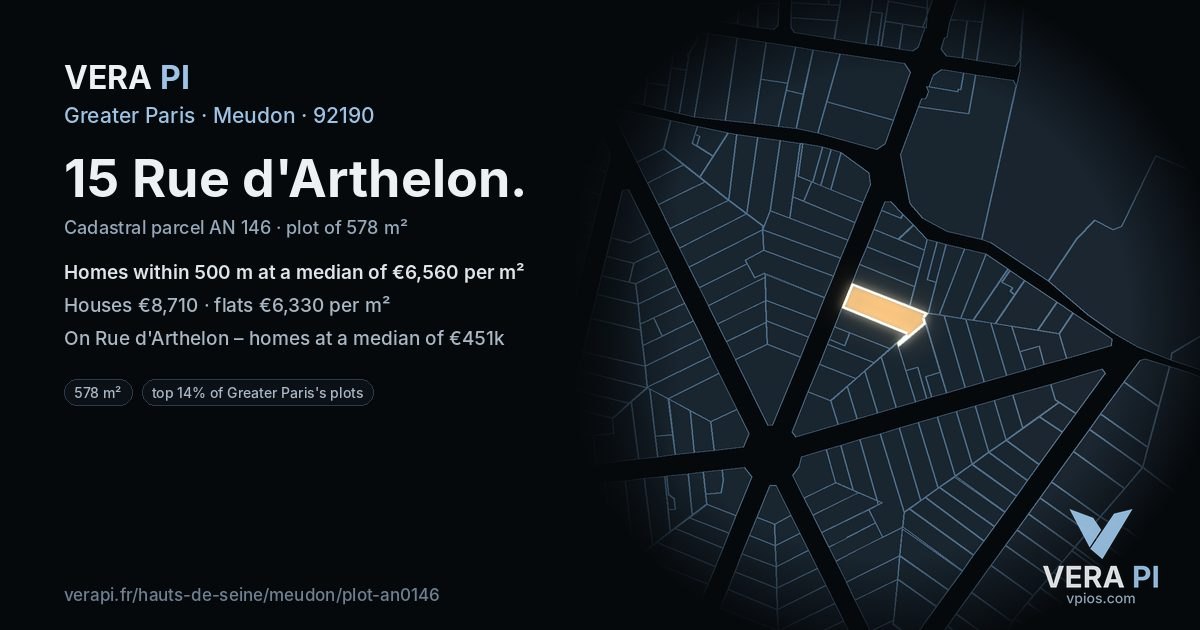 15 Rue d'Arthelon, Meudon at night – the plot lit, the parcels around coloured by the prices near them