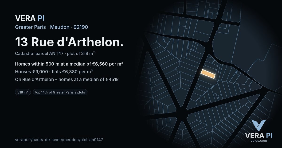 13 Rue d'Arthelon, Meudon at night – the plot lit, the parcels around coloured by the prices near them