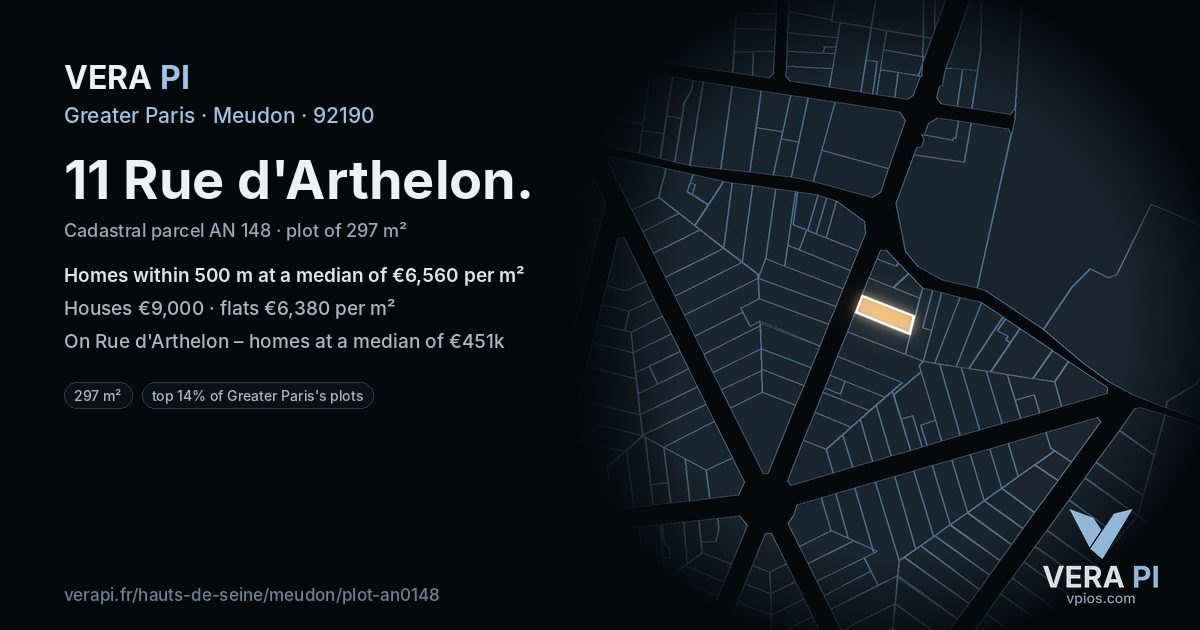 11 Rue d'Arthelon, Meudon at night – the plot lit, the parcels around coloured by the prices near them