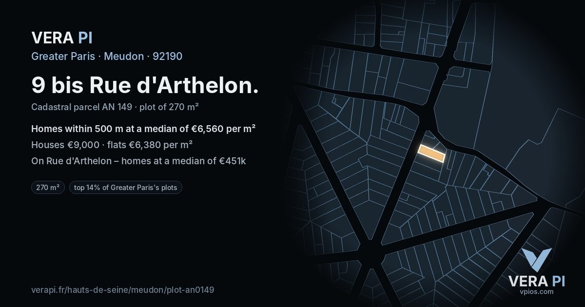 9 bis Rue d'Arthelon, Meudon at night – the plot lit, the parcels around coloured by the prices near them