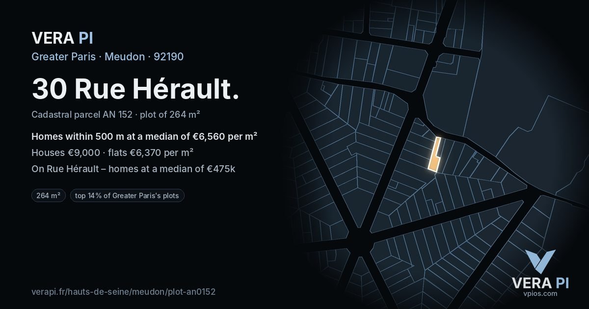30 Rue Hérault, Meudon at night – the plot lit, the parcels around coloured by the prices near them
