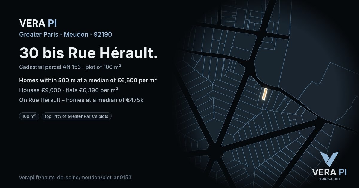 30 bis Rue Hérault, Meudon at night – the plot lit, the parcels around coloured by the prices near them