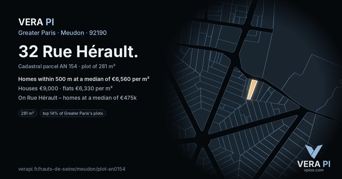 32 Rue Hérault, Meudon at night – the plot lit, the parcels around coloured by the prices near them