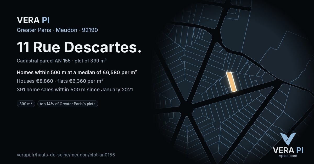 11 Rue Descartes, Meudon at night – the plot lit, the parcels around coloured by the prices near them