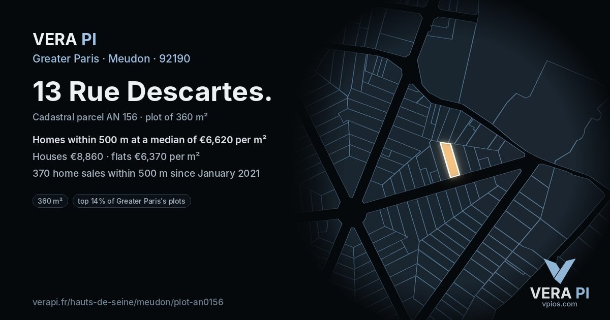 13 Rue Descartes, Meudon at night – the plot lit, the parcels around coloured by the prices near them