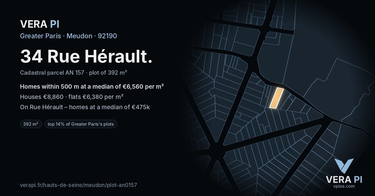 34 Rue Hérault, Meudon at night – the plot lit, the parcels around coloured by the prices near them