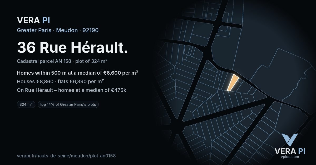 36 Rue Hérault, Meudon at night – the plot lit, the parcels around coloured by the prices near them