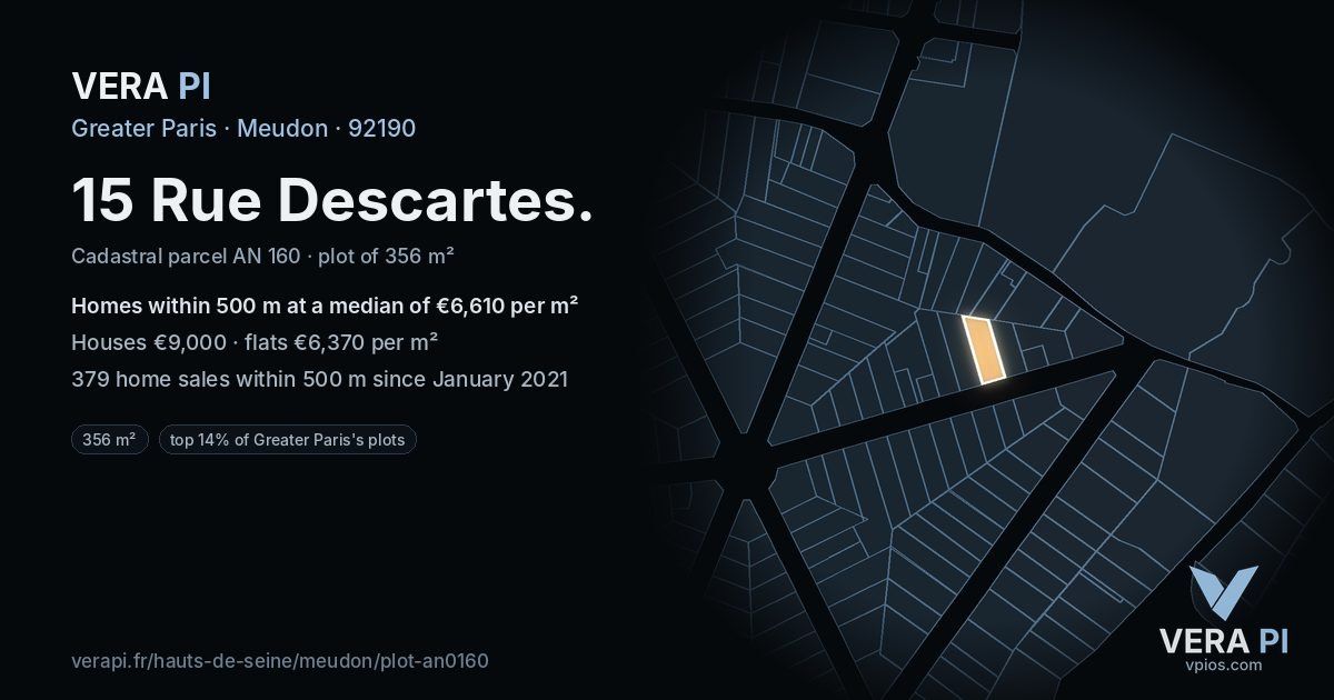 15 Rue Descartes, Meudon at night – the plot lit, the parcels around coloured by the prices near them