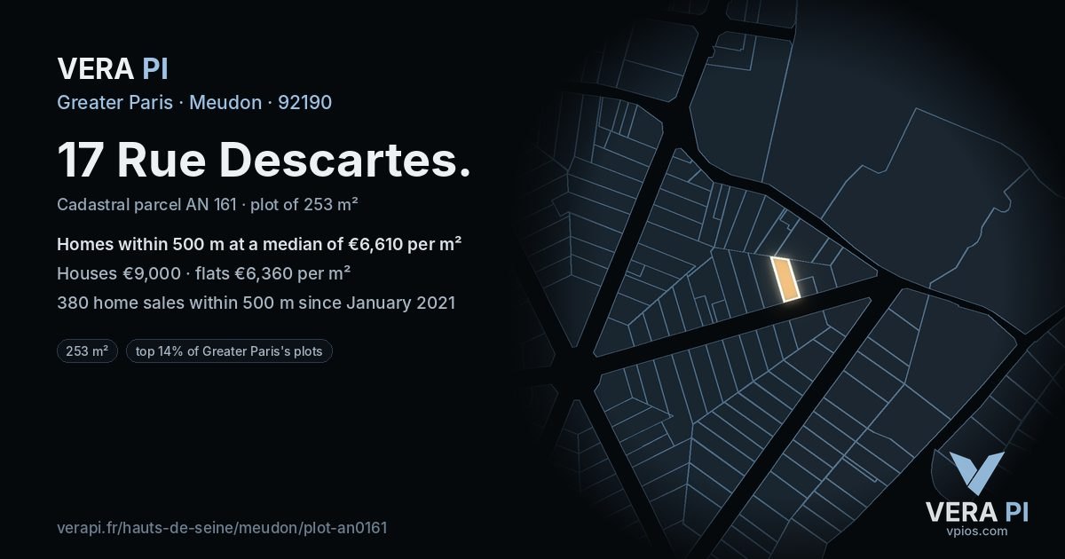 17 Rue Descartes, Meudon at night – the plot lit, the parcels around coloured by the prices near them