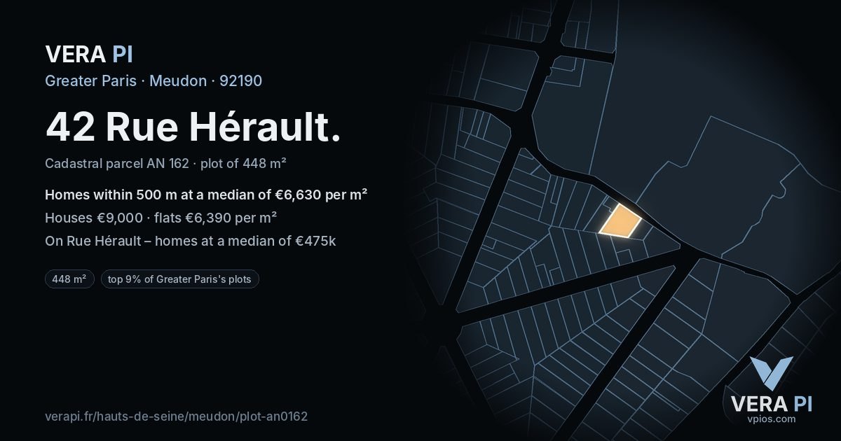 42 Rue Hérault, Meudon at night – the plot lit, the parcels around coloured by the prices near them