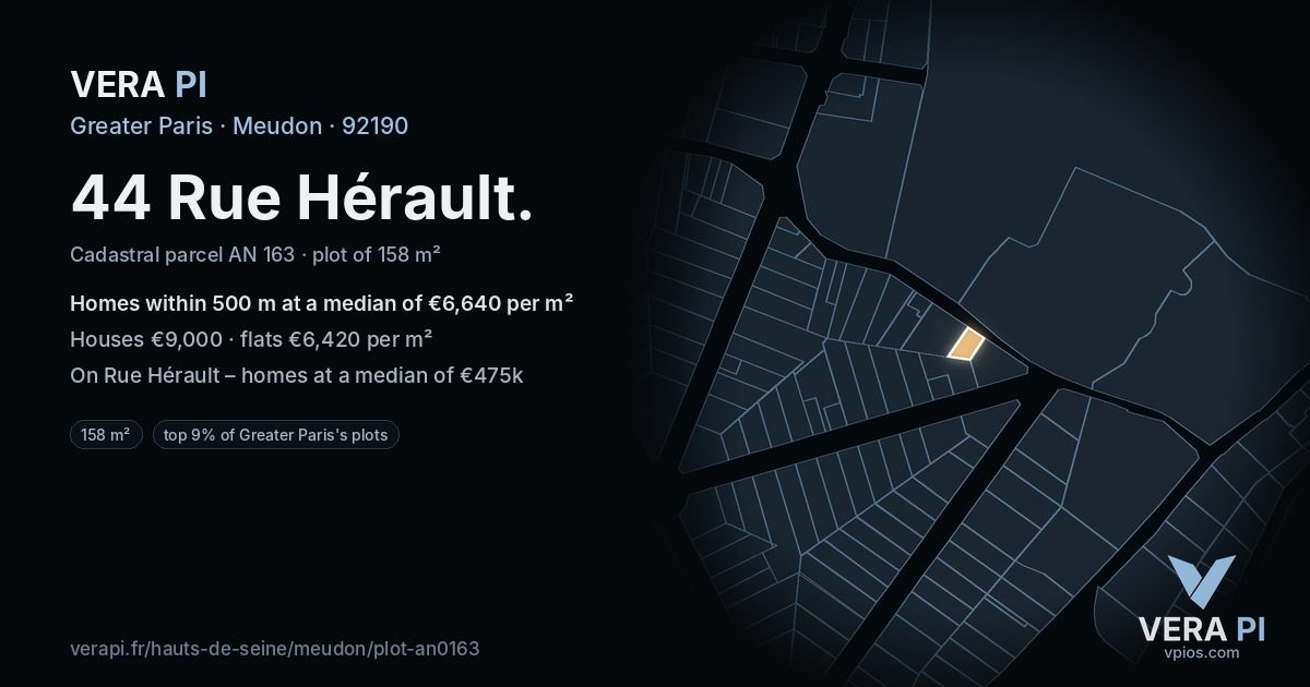 44 Rue Hérault, Meudon at night – the plot lit, the parcels around coloured by the prices near them