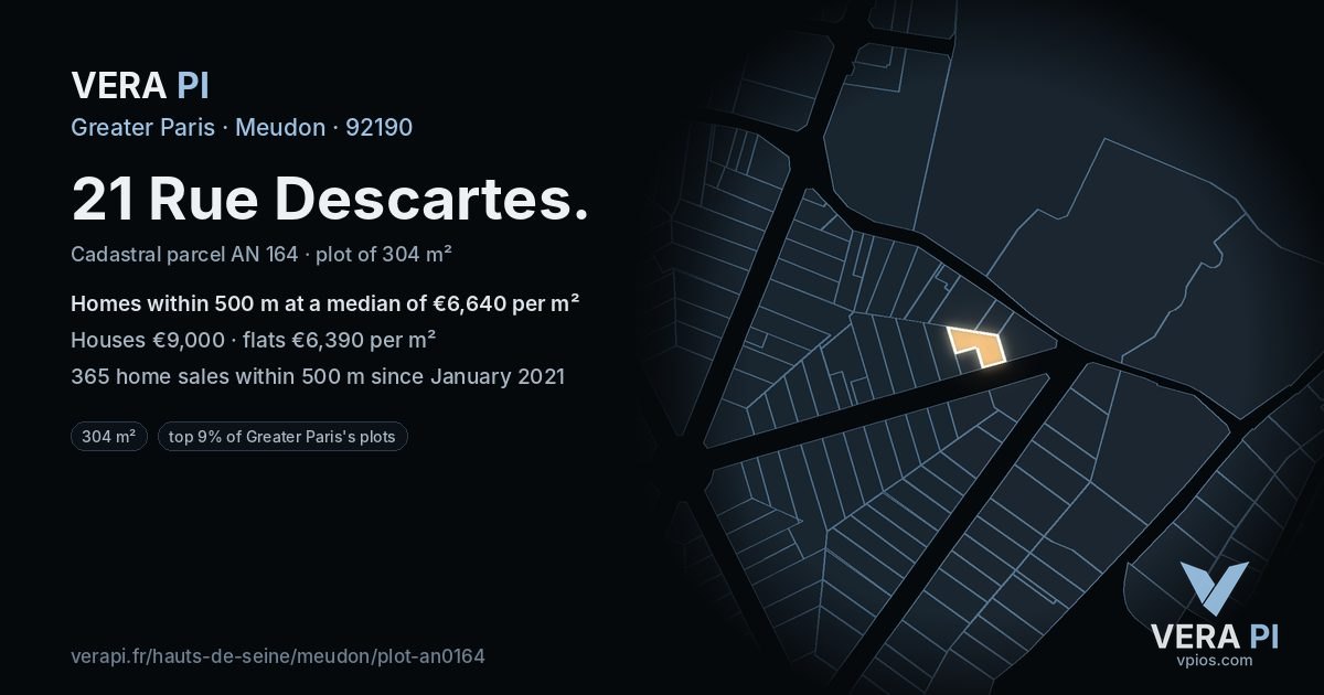 21 Rue Descartes, Meudon at night – the plot lit, the parcels around coloured by the prices near them