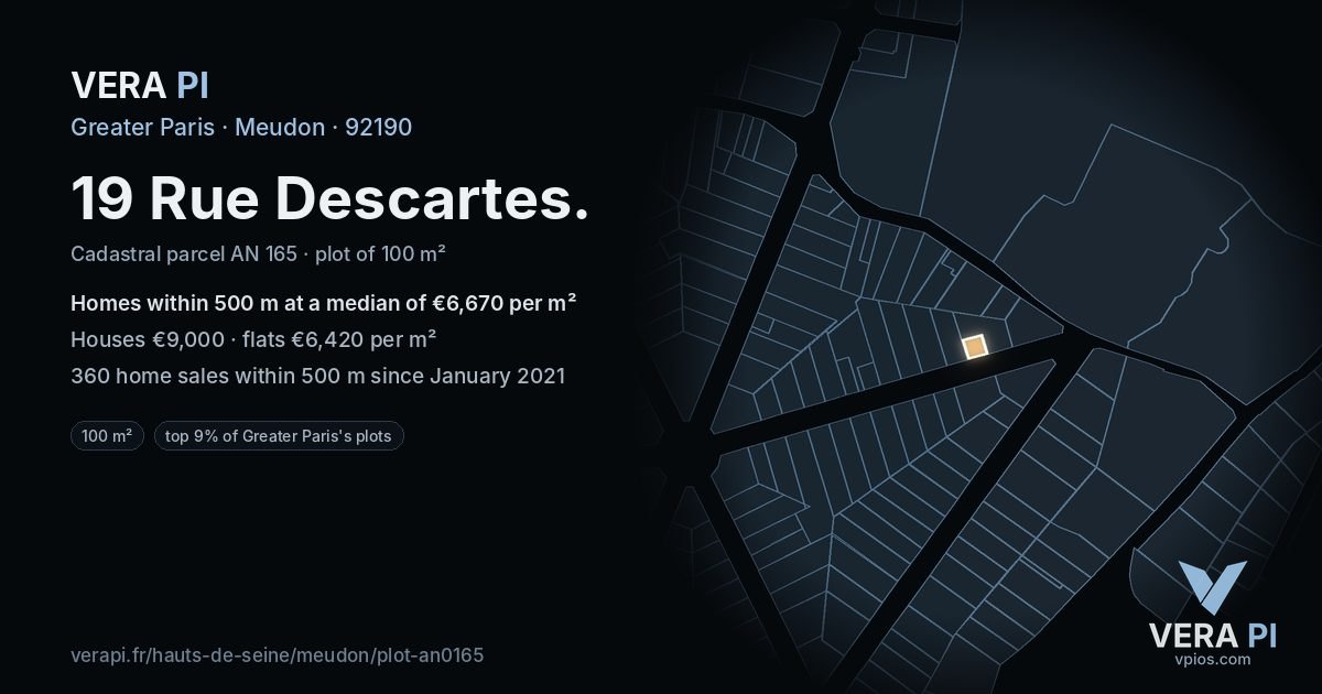 19 Rue Descartes, Meudon at night – the plot lit, the parcels around coloured by the prices near them
