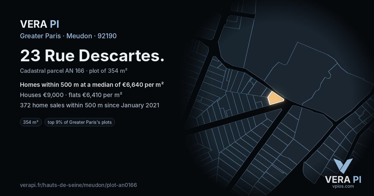 23 Rue Descartes, Meudon at night – the plot lit, the parcels around coloured by the prices near them