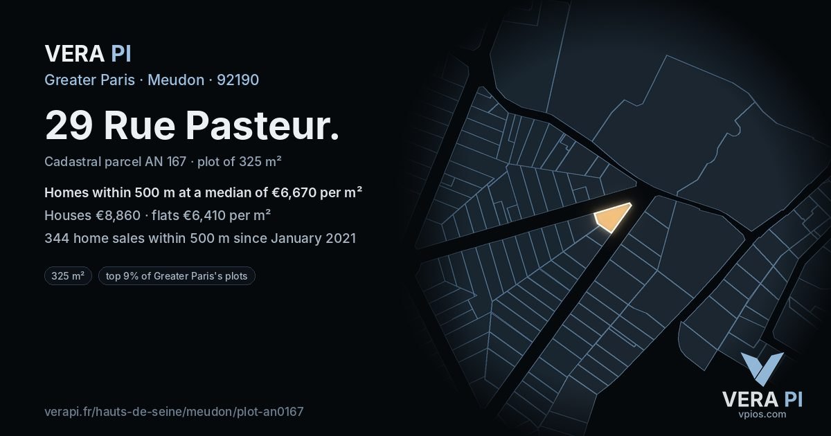 29 Rue Pasteur, Meudon at night – the plot lit, the parcels around coloured by the prices near them