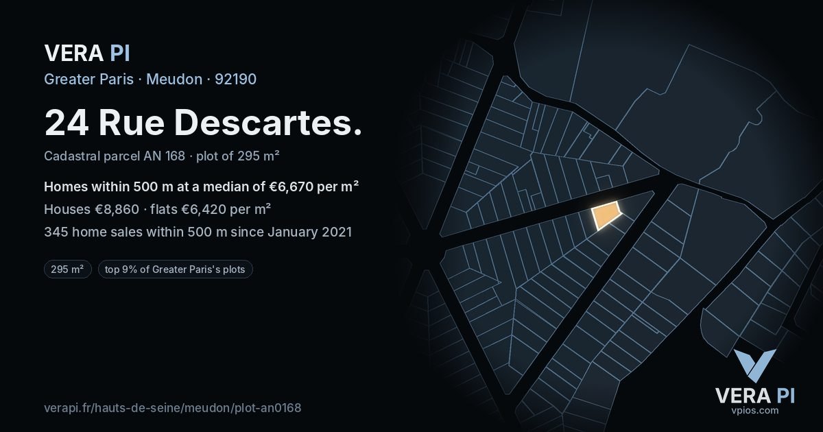 24 Rue Descartes, Meudon at night – the plot lit, the parcels around coloured by the prices near them