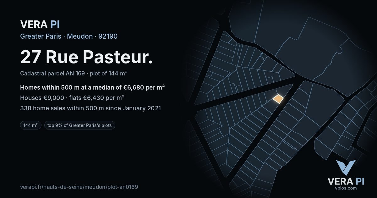 27 Rue Pasteur, Meudon at night – the plot lit, the parcels around coloured by the prices near them