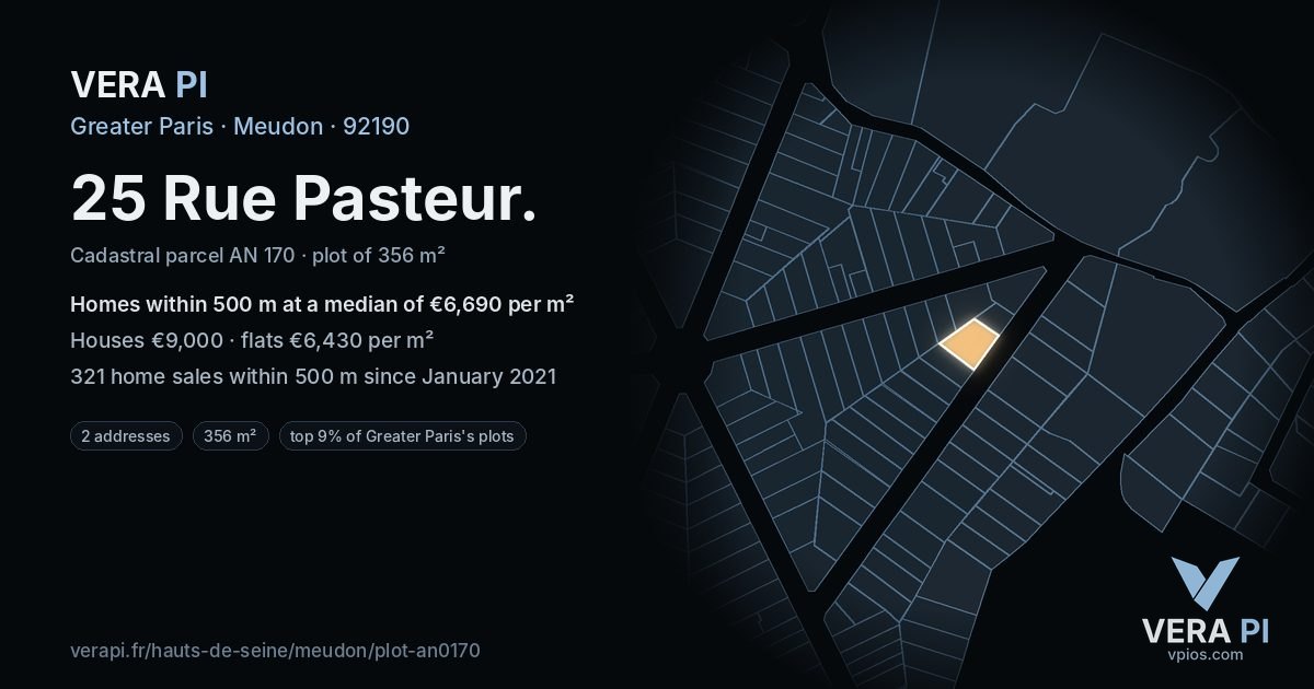 25 Rue Pasteur, Meudon at night – the plot lit, the parcels around coloured by the prices near them