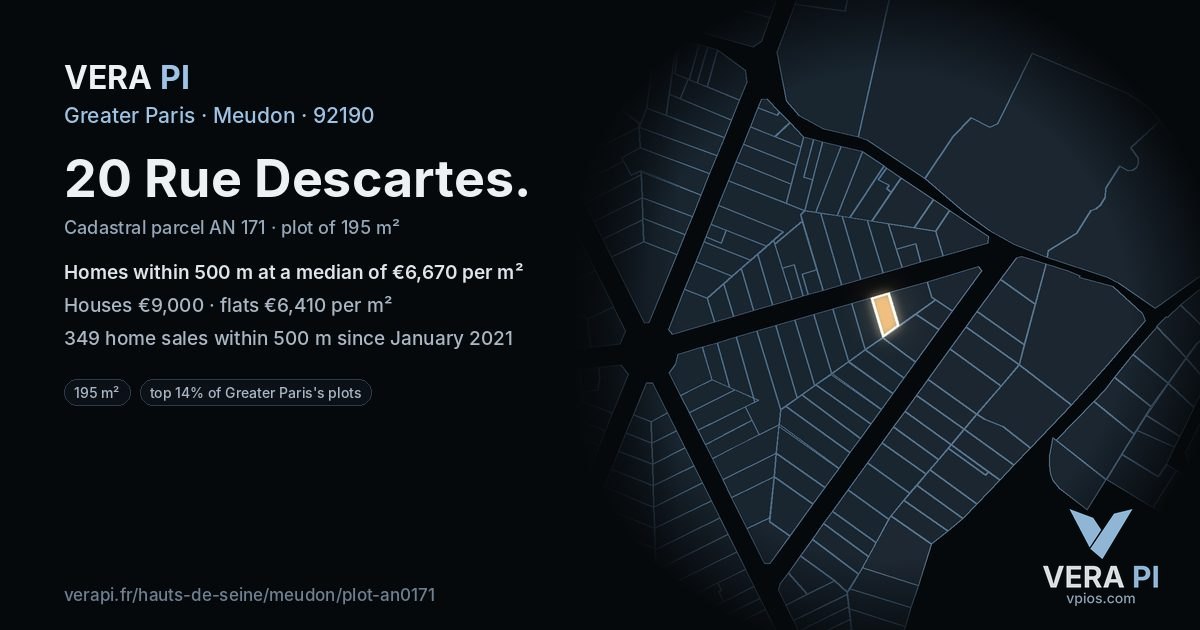 20 Rue Descartes, Meudon at night – the plot lit, the parcels around coloured by the prices near them